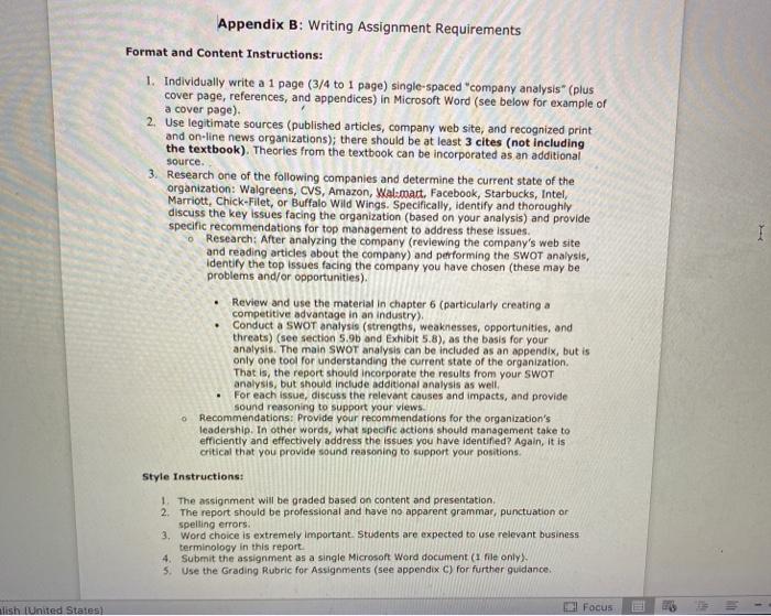 Appendix B Writing Assignment Requirements Format Chegg Com