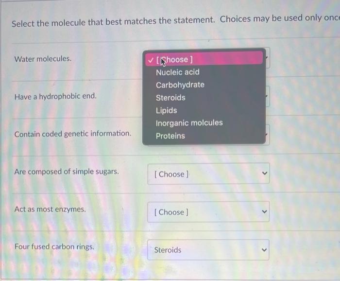 Solved Select The Molecule That Best Matches The Statement | Chegg.com