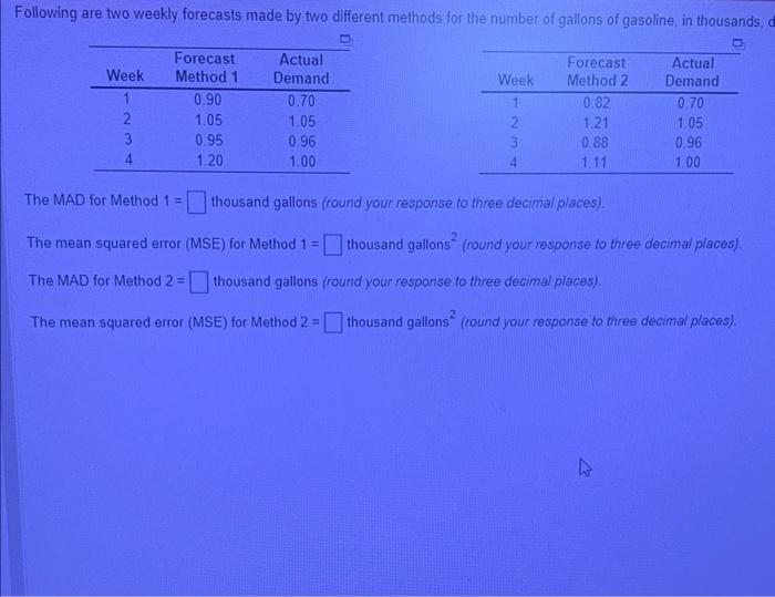 Solved The MAD for Method 1= thousand gailons (round your | Chegg.com