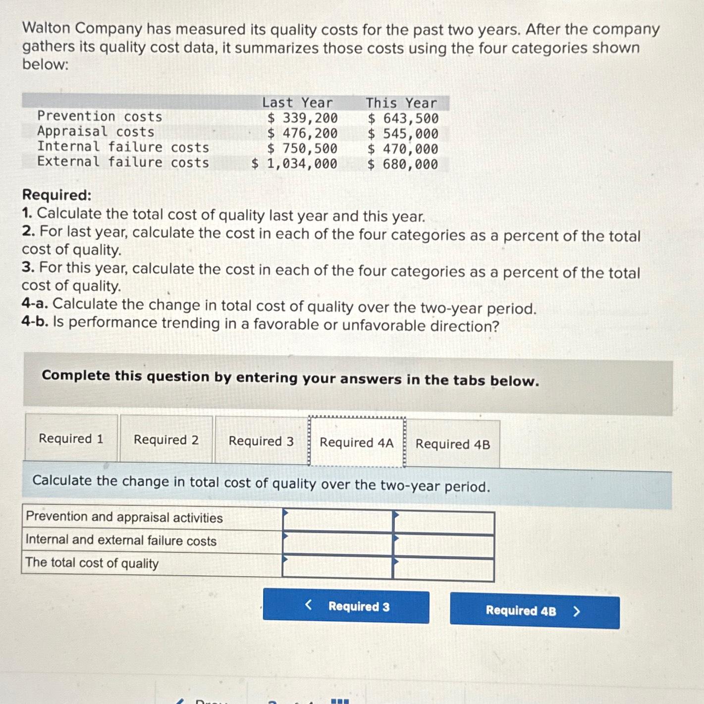 Solved Walton Company has measured its quality costs for the | Chegg.com