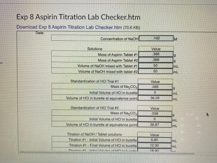 Solved Exp 8 Aspirin Titration Lab Checker.htm Download Exp