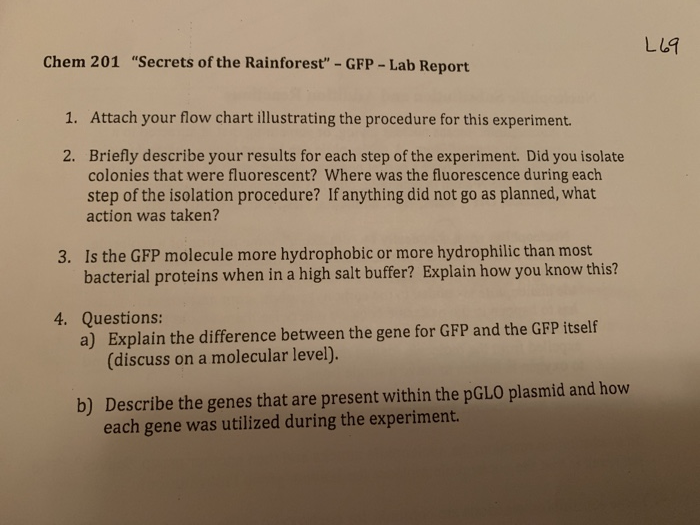 L69 Chem 201 "Secrets of the Rainforest" GFPLab