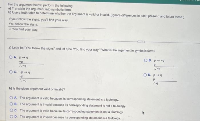 Solved For The Argument Below, Perform The Following. A) | Chegg.com