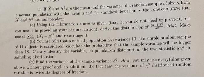 Solved 5. If Xˉ and S2 are the mean and the variance of a | Chegg.com