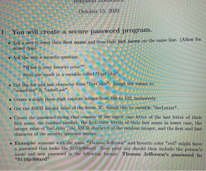 Solved ben) October 15, 2020 1 You will create a secure | Chegg.com