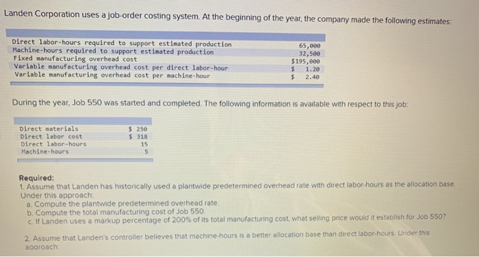 Solved Landen Corporation Uses A Job-order Costing System. | Chegg.com