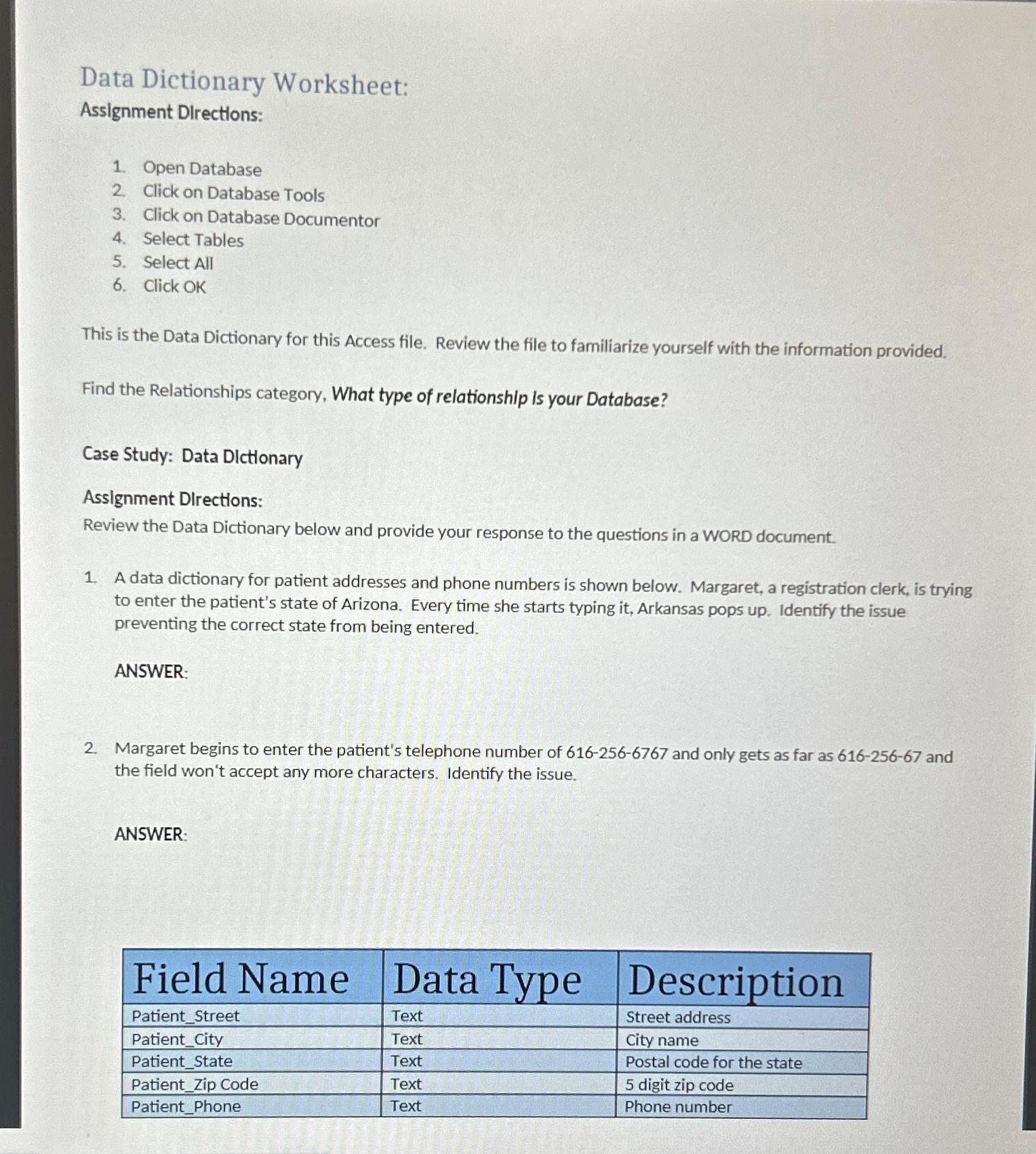 data dictionary assignment