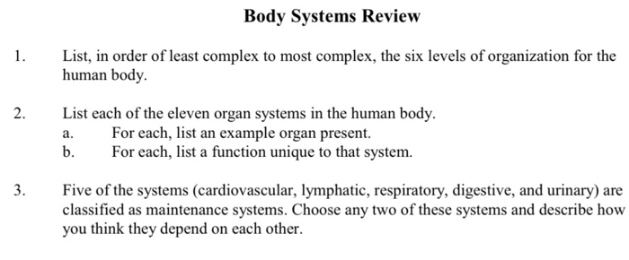 list the levels of organization in the body