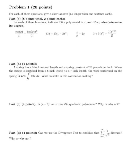 Solved Problem 1 (20 points) For each of these questions, | Chegg.com