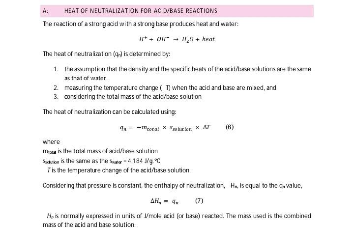 Solved A HEAT OF NEUTRALIZATION FOR ACID/BASE REACTIONS The