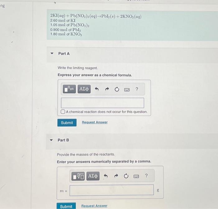 Solved Ng 2KI(aq) + Pb(NO3)2 (aq) →PbI2 (s) + 2KNO3(aq) 2.60 | Chegg.com