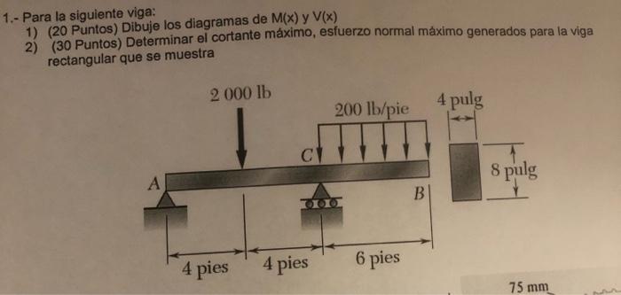 1.- Para la siguiente viga: 1) (20 Puntos) Dibuje los diagramas de \( M(x) \) y \( V(x) \) 2) (30 Puntos) Determinar el corta