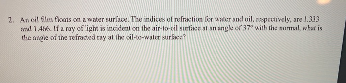 Solved 2. An oil film floats on a water surface. The indices | Chegg.com