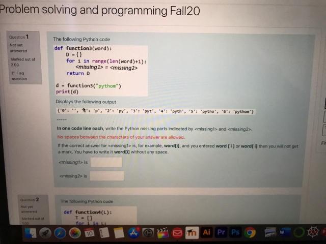 Solved Problem Solving And Programming Fall20 Question 1 1 | Chegg.com