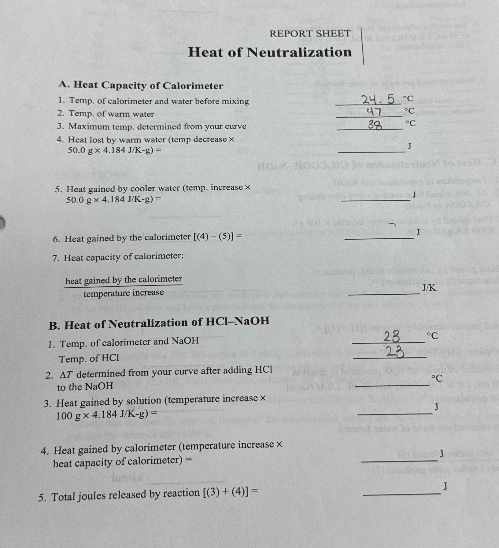 Solved REPORT SHEETHeat of NeutralizationA. ﻿Heat Capacity