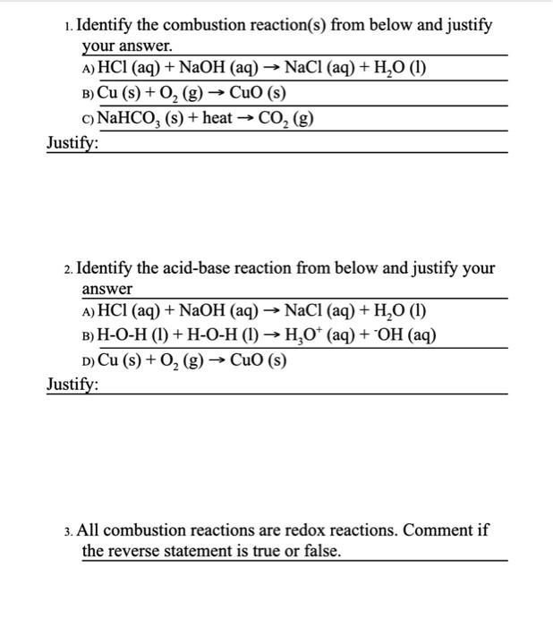 Solved 1. Identify The Combustion Reaction(s) From Below And 