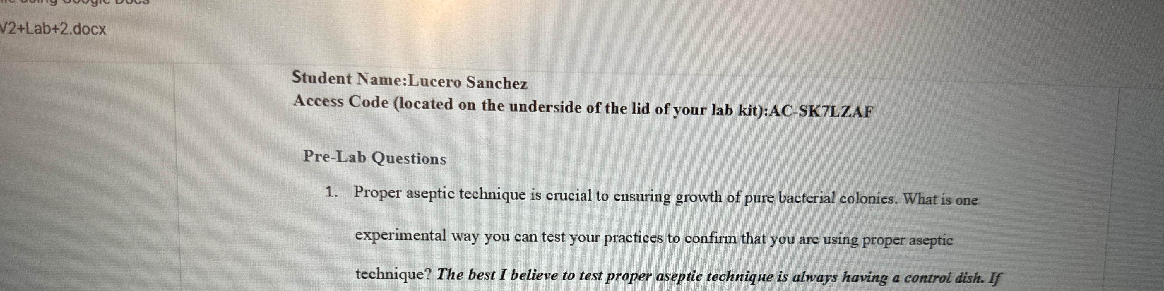 Solved ?22+Lab+2*docxStudent Name:Lucero SanchezAccess Code | Chegg.com
