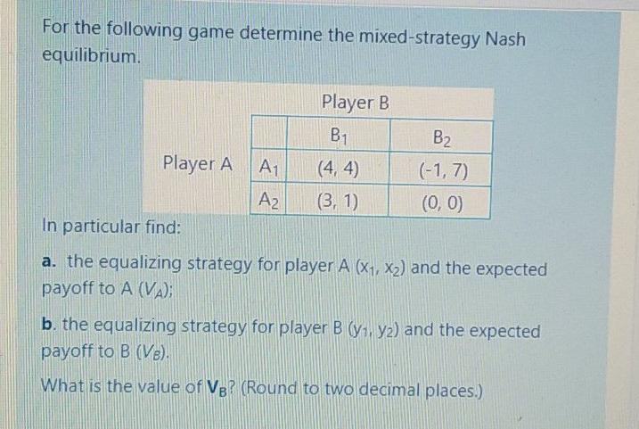 Solved For The Following Game Determine The Mixed-strategy | Chegg.com