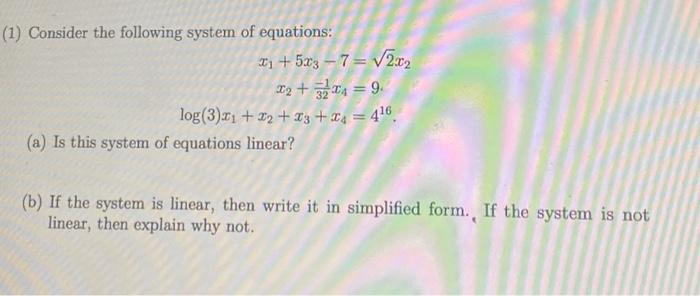 (1) Consider the following system of equations:
\[
\begin{aligned}
x_{1}+5 x_{3}-7 & =\sqrt{2} x_{2} \\
x_{2}+\frac{-1}{32} x