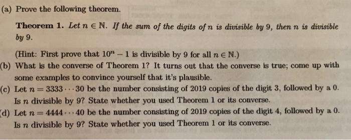 Solved (a) Prove The Following Theorem. Theorem 1. Let N E | Chegg.com