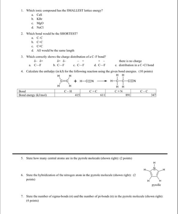 Solved 1. Which ionic compound has the SMALLEST lattice | Chegg.com