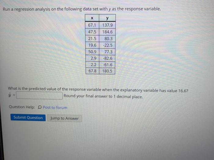 Solved Run a regression analysis on the following data set | Chegg.com
