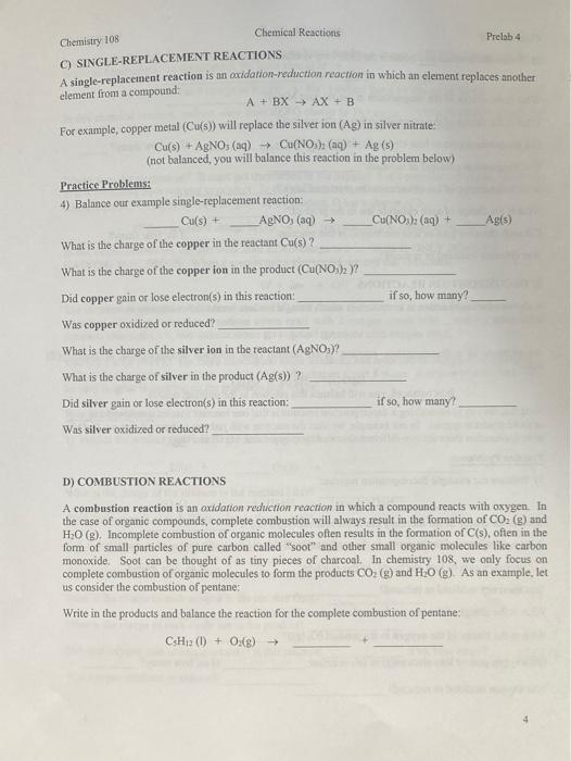 Solved Prelab 4 Chemistry 108 Chemical Reactions PreLab 4