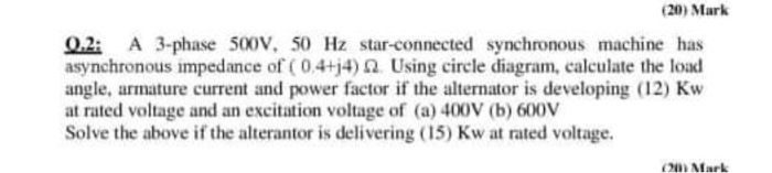 A 3 - phase 500V , 50 Hz star - connected synchronous | Chegg.com