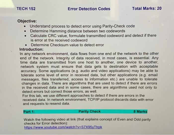 Solved TECH 152 Error Detection Codes Total Marks: 20 . | Chegg.com