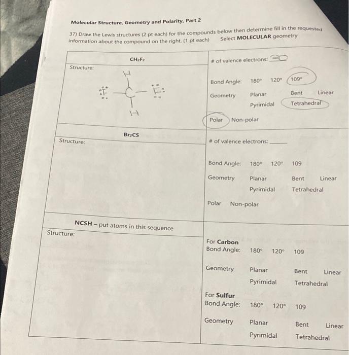 Solved Molecular Structure, Geometry And Polarity, Part 2 | Chegg.com