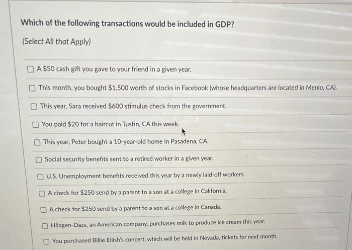 Solved Which Of The Following Transactions Would Be Included Chegg