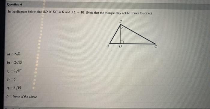 Solved Question 6 In the diagram below, find BD if DC = 6 | Chegg.com