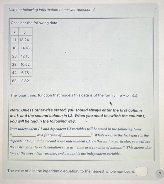 Solved Use the following information to answer question 4. | Chegg.com