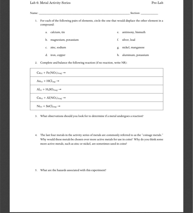 Solved Lab 6: Metal Activity Series Pre-Lab Name Section: 1. | Chegg.com