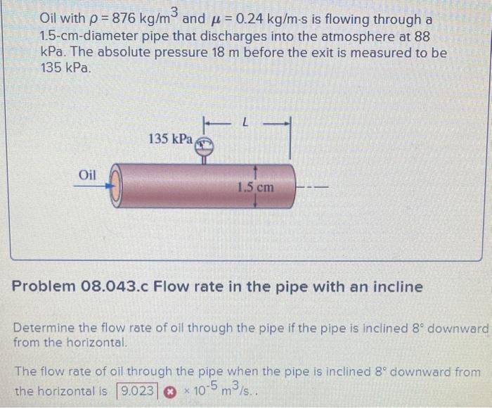 Solved Oil with ρ=876 kg/m3 and μ=0.24 kg/m⋅s is flowing