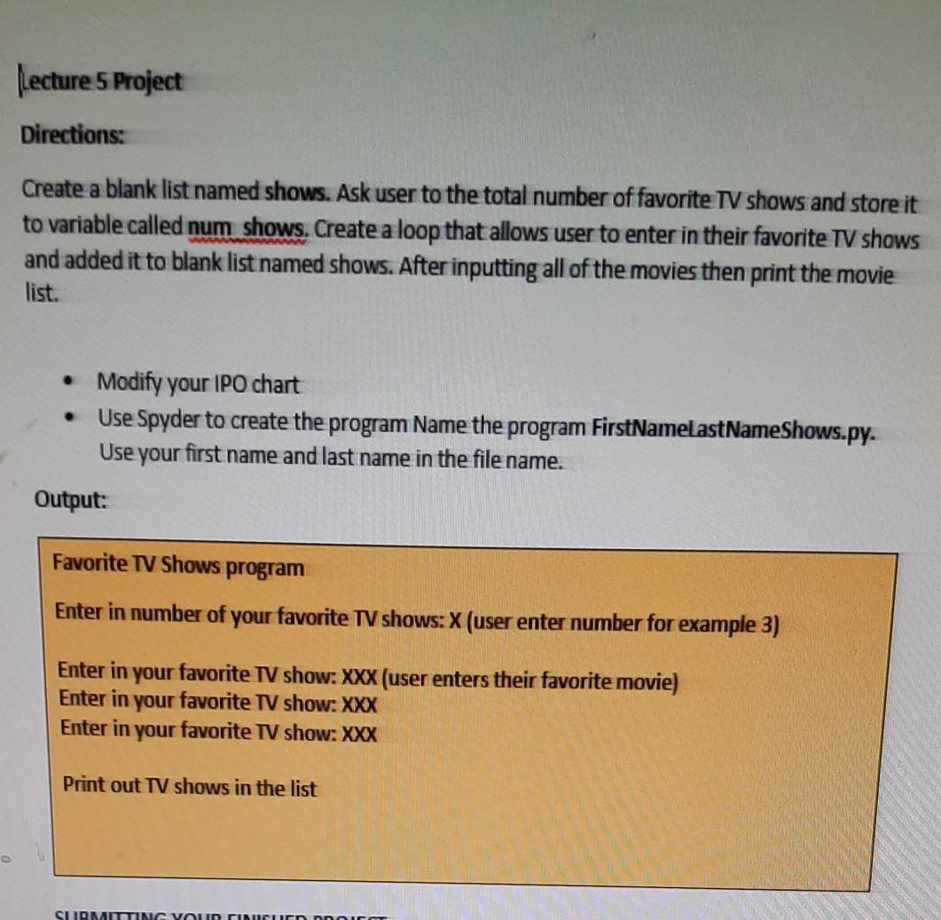 Solved Lecture 5 Project Directions: Create a blank list | Chegg.com