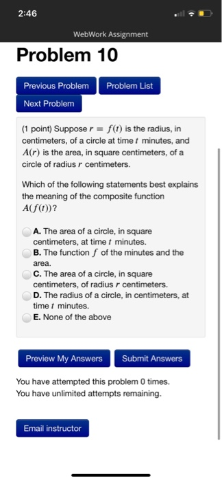 Solved 2:46 WebWork Assignment Problem 10 Previous Problem | Chegg.com