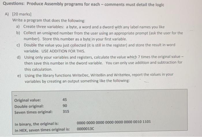 Questions: Produce Assembly programs for each - | Chegg.com