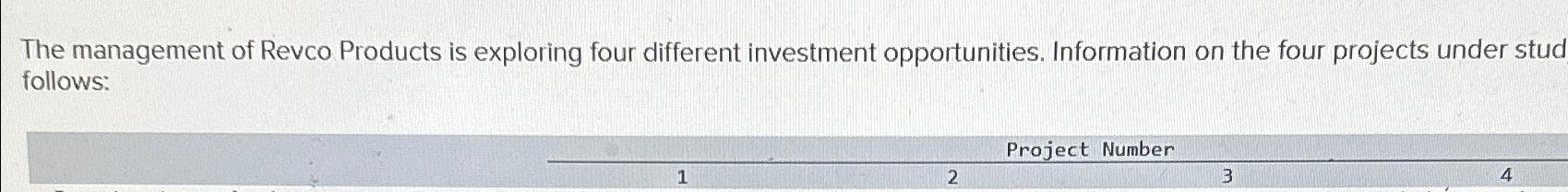 Solved The management of Revco Products is exploring four | Chegg.com