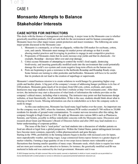 1 Of 3 Case 1 Monsanto Attempts To Balance Chegg 