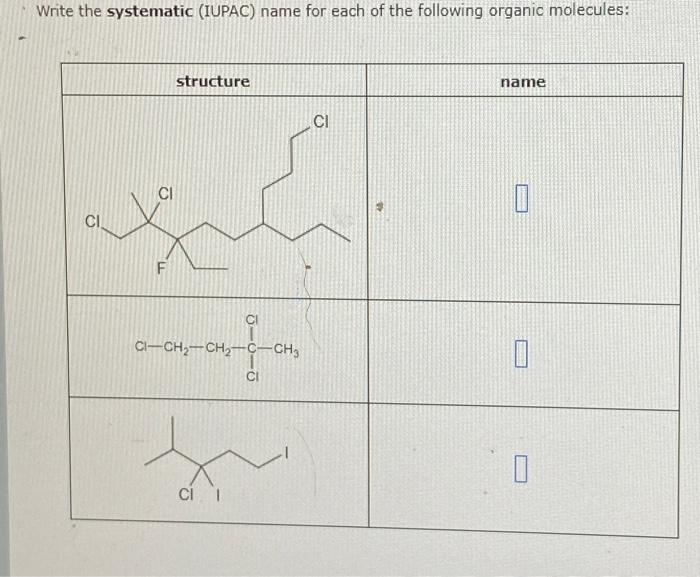 Write the systematic (IUPAC) name for each of the following organic molecules: