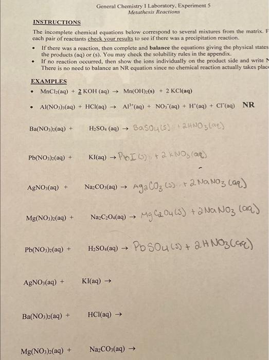 Solved INSTRUCTIONS The incomplete chemical equations below | Chegg.com