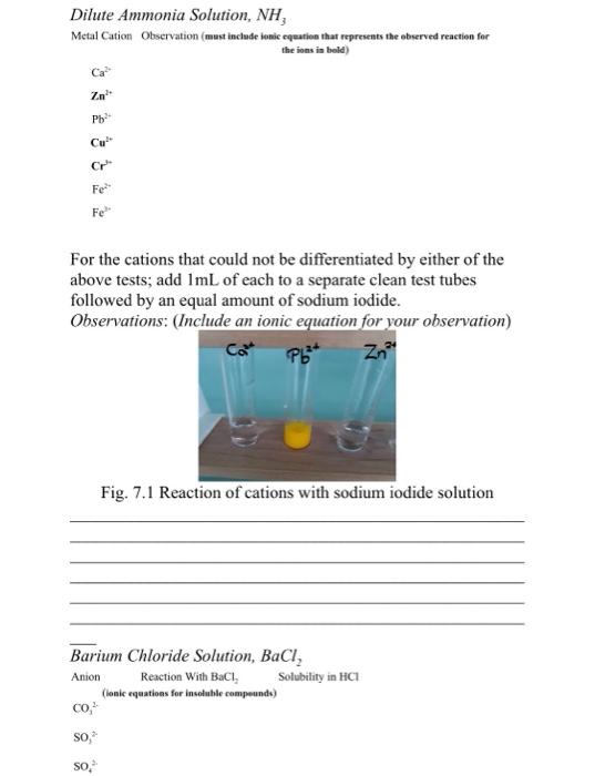 Solved Dilute Ammonia Solution, NH, Metal Cation Observation
