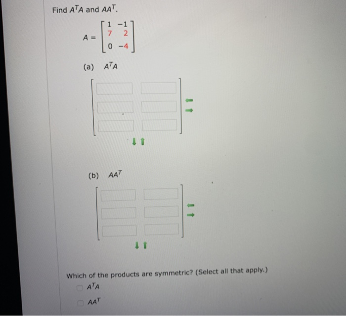 Solved Find ATA and AAT 1 - 1 2. 7 A = 0-4 (a) ATA (b) AAT | Chegg.com