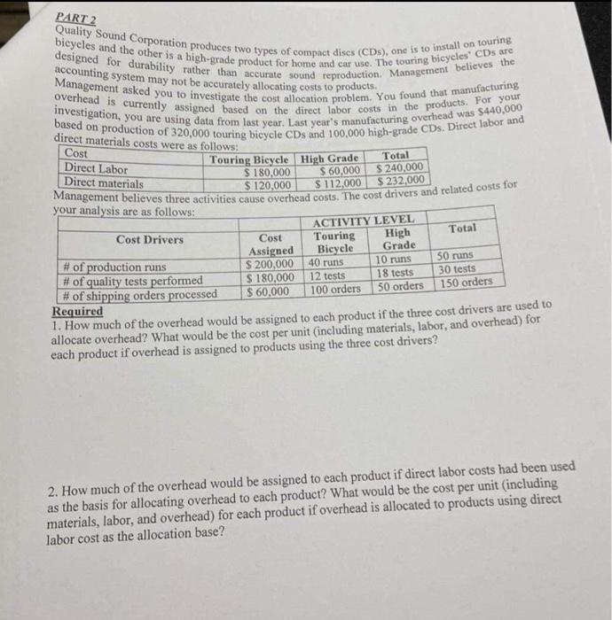 Solved PART 2 Direct Materials Costs Were As Follows: Cost | Chegg.com