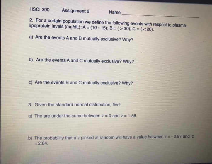 Solved HSCI 390 Assignment 6 Name 2. For a certain | Chegg.com