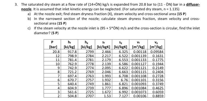 Solved 3. The saturated dry steam at a flow rate of (14+ÖN) | Chegg.com