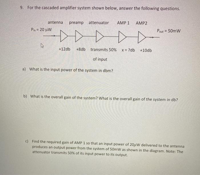 Solved 9. For the cascaded amplifier system shown below, | Chegg.com