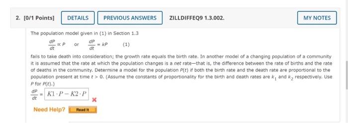 Solved The population model given in (1) in Section 1.3 | Chegg.com
