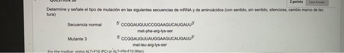 Determine y señale el tipo de mutacion en las siguientes secuencias de mRNA y de aminodicidos (con sentido; sin sentido, slen